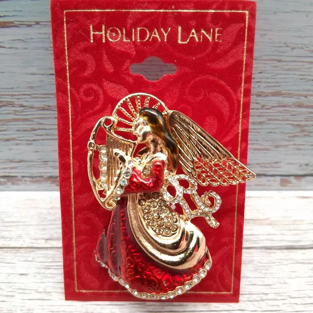 Holiday Lane Christmas Angel brooch Red Enamel Gold-Tone Lapel Pin